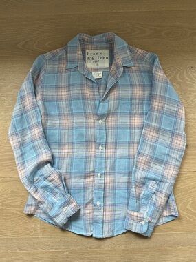 Luxury Linen Plaid Button-Down Shirt - Pastel Blue and Pink - Size Small